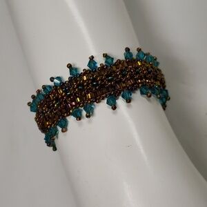 Turquoise & Gold Beaded Bracelet Sparkly Boho Glam Artisan Jewelry